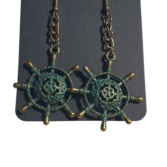 Nautical Ship Wheel Drop Earrings Antique Bronze Patina Chain Hook Dangle Beach - Picture 3 of 5